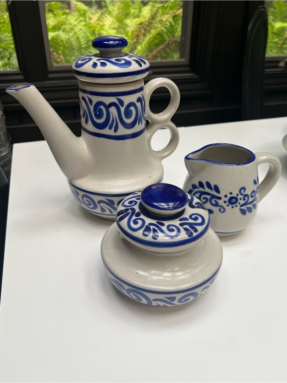 Vintage Mexican Stoneware Coffee Set Hand-Painted Cobalt Blue, Estado de Mexico